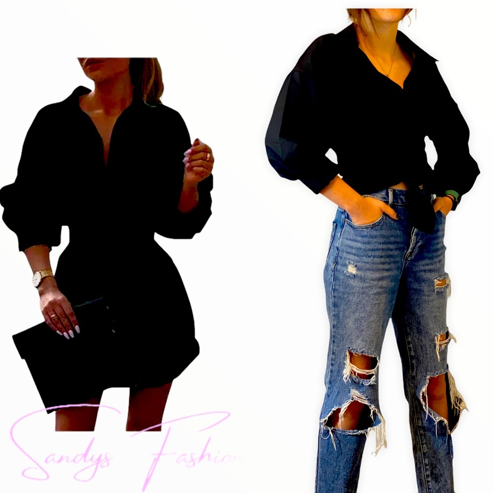 Mini black 3/4 sleeve dress/ front tie blouse